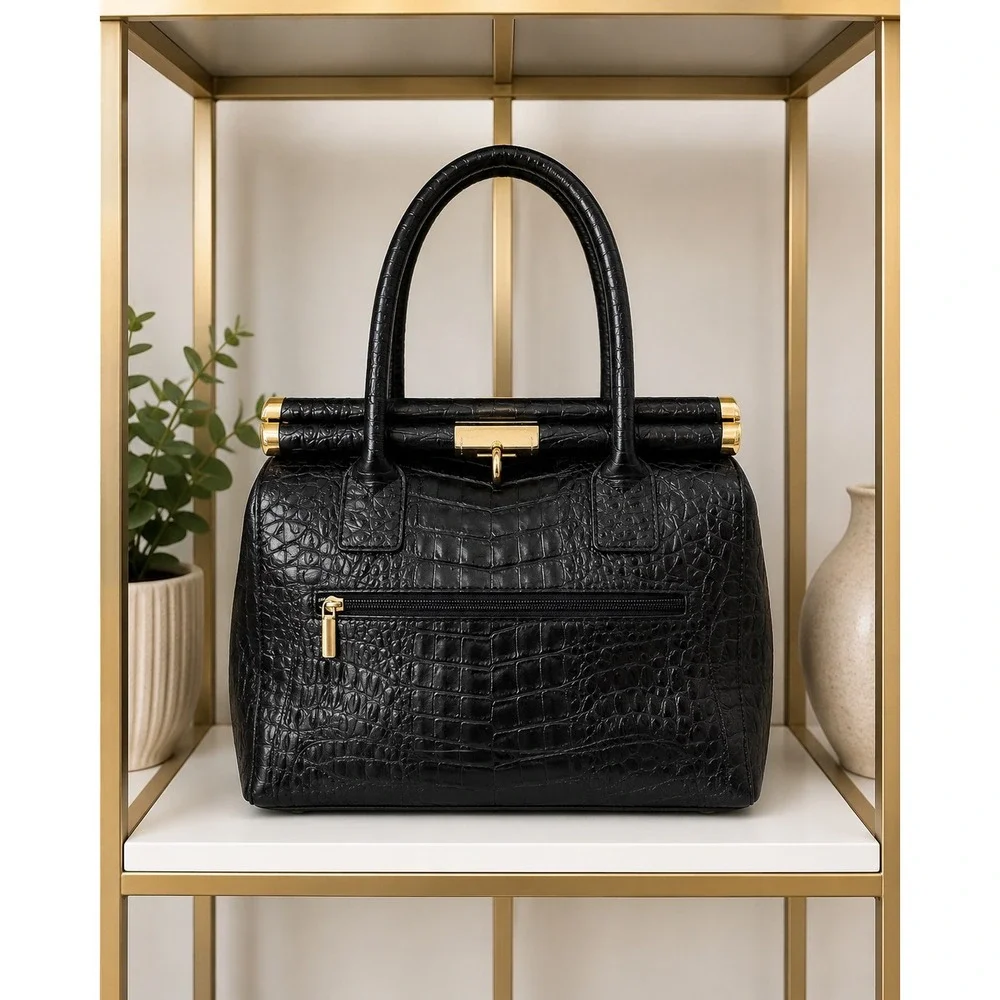 Borse In Pelle Italy Black Croc Embossed Leather Satchel Handbag Gold Hardware